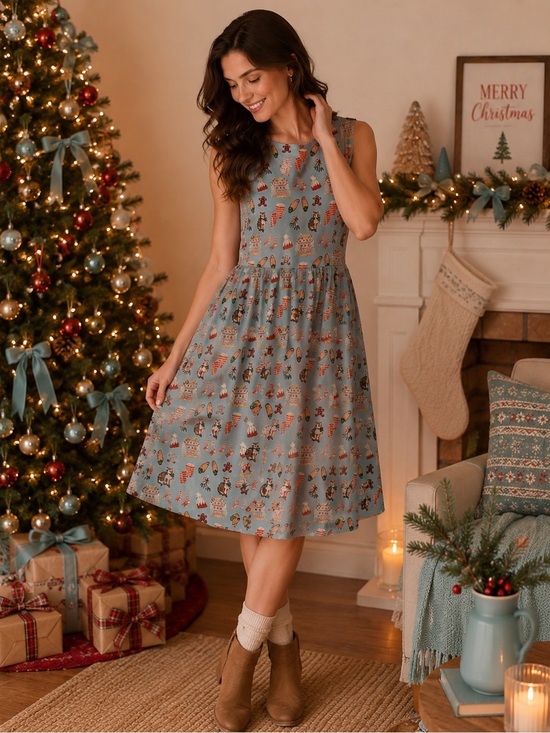 Tulip B Dresses & Skirts - Tulip B Sleeveless Light Blue Holiday Print Midi Dress Cats Socks Sweater Hats